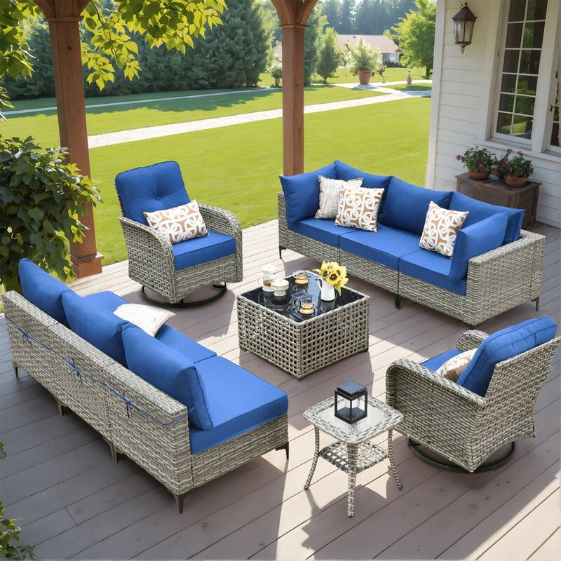 HOOOWOOO 10-piece Outdoor Furniture Wicker Swivel Rocking Chair Set - Navy Blue