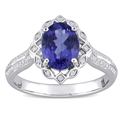 Miadora 14k White Gold Oval-cut Tanzanite & 1/6ct TDW Diamond Halo Multi-Row Engagement Ring