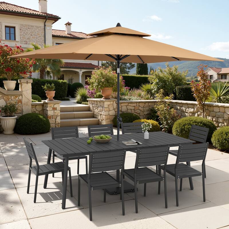 11-Piece Outdoor Dining Set Aluminum Table and 8 Stackable Chairs w/ 10 ft Umbrella and Base Stand