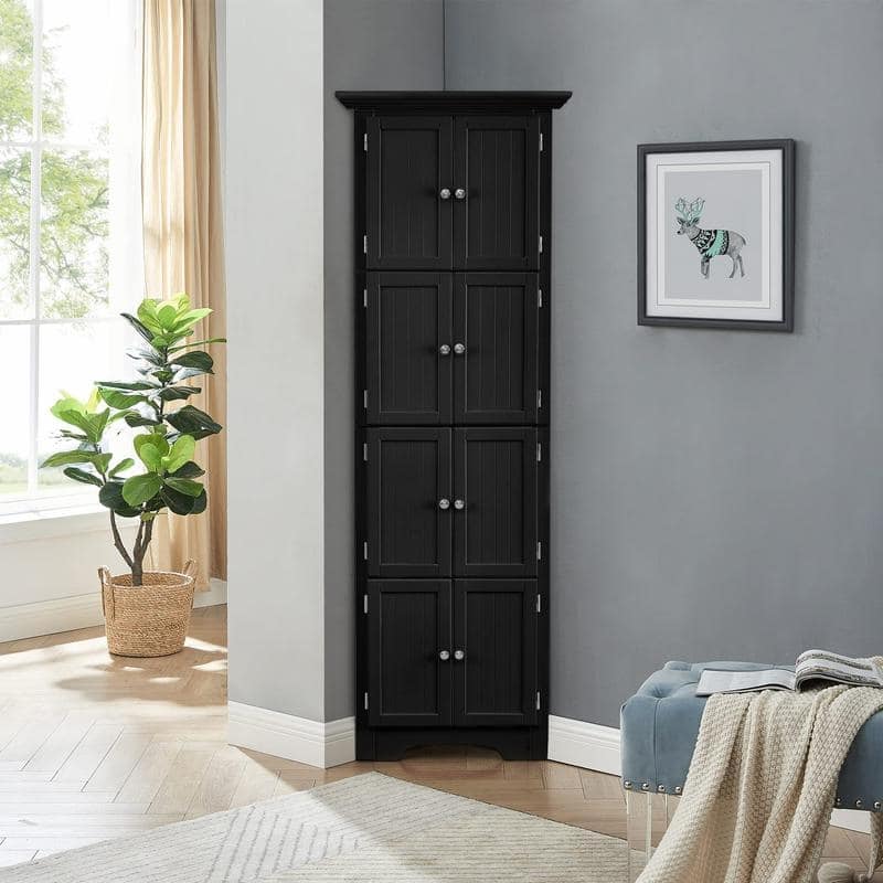 Modern MDF Corner Cabinet with Doors and 4 Shelves for Living Room - Black