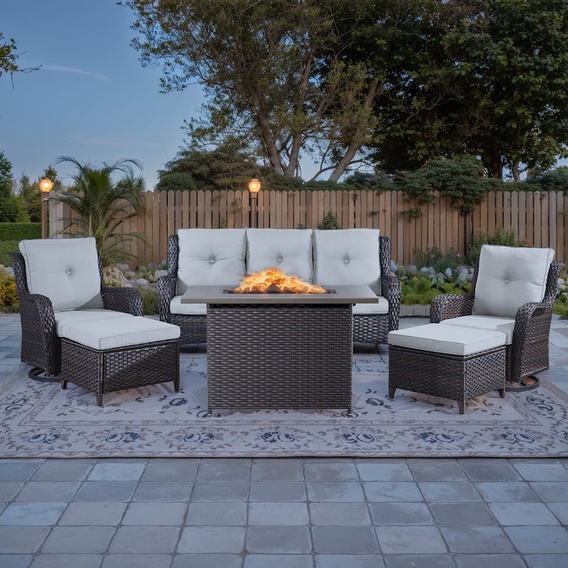 Patio Sofa Swivel Chairs Set Propane Fire Pit Table - Brown - Beige - Brown