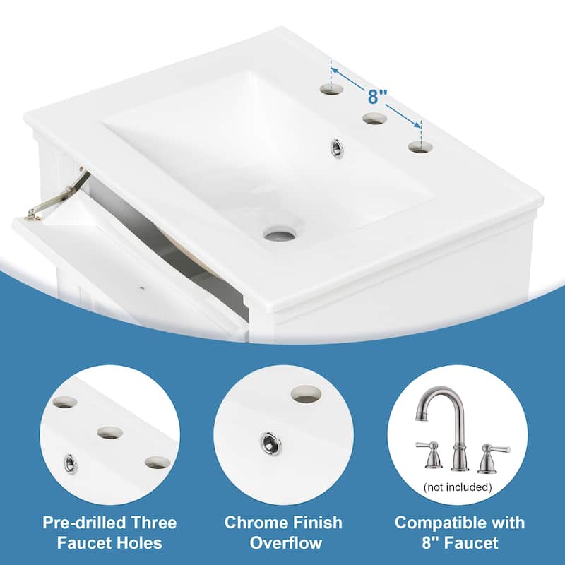 24" Freestanding Bathroom Vanity with Ceramic Sink, Solid Rubberwood Frame, Flip Drawer & Adjustable Shelf