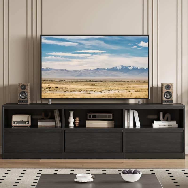 Industrial Modern TV Stand Entertainment Center with 3 Drawers Open Shelves for 65 70 75 Inch TVs - N/A - Black