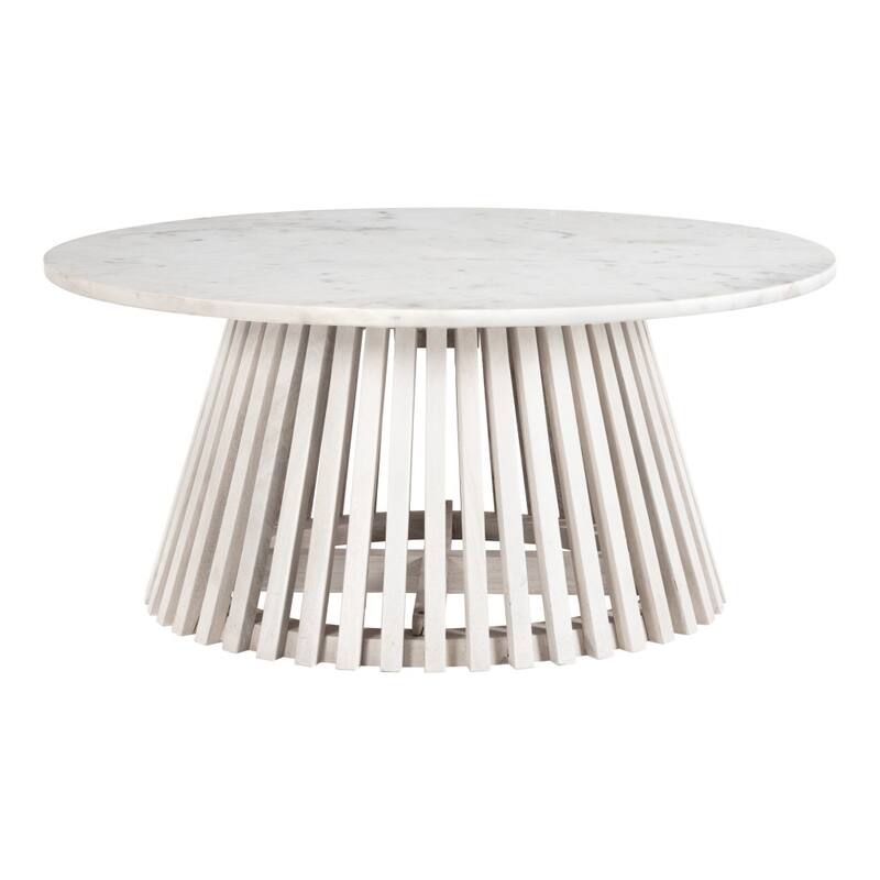 HomeRoots 32" White and Natural Genuine Marble and Solid Wood Round Drum Coffee Table - 32.00 in. x 15.00 in. x 32.00 in.