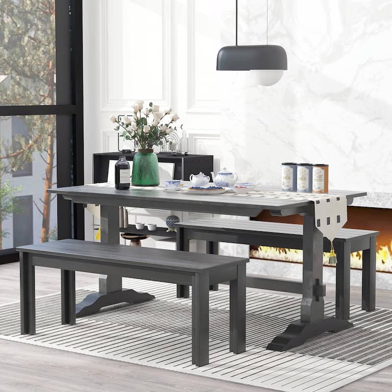 3-Piece Retro Dining Set - Rectangular Trestle Table with 2 Benches - Grey
