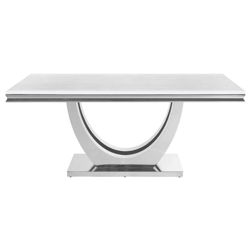 71 Inch Dining Table, Rectangular White Faux Marble Top, Pedestal Base