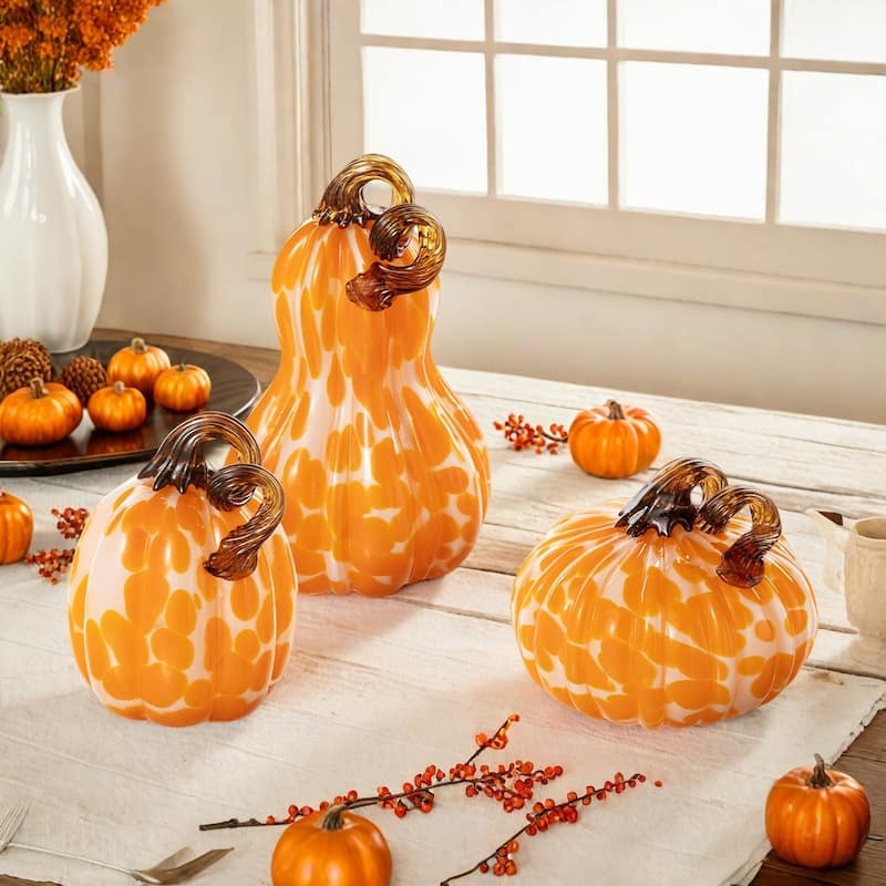 Glitzhome Set of 3 Fall Harvest Orange Dots Glass Pumpkin & Gourd Halloween Thanksgiving Decorating