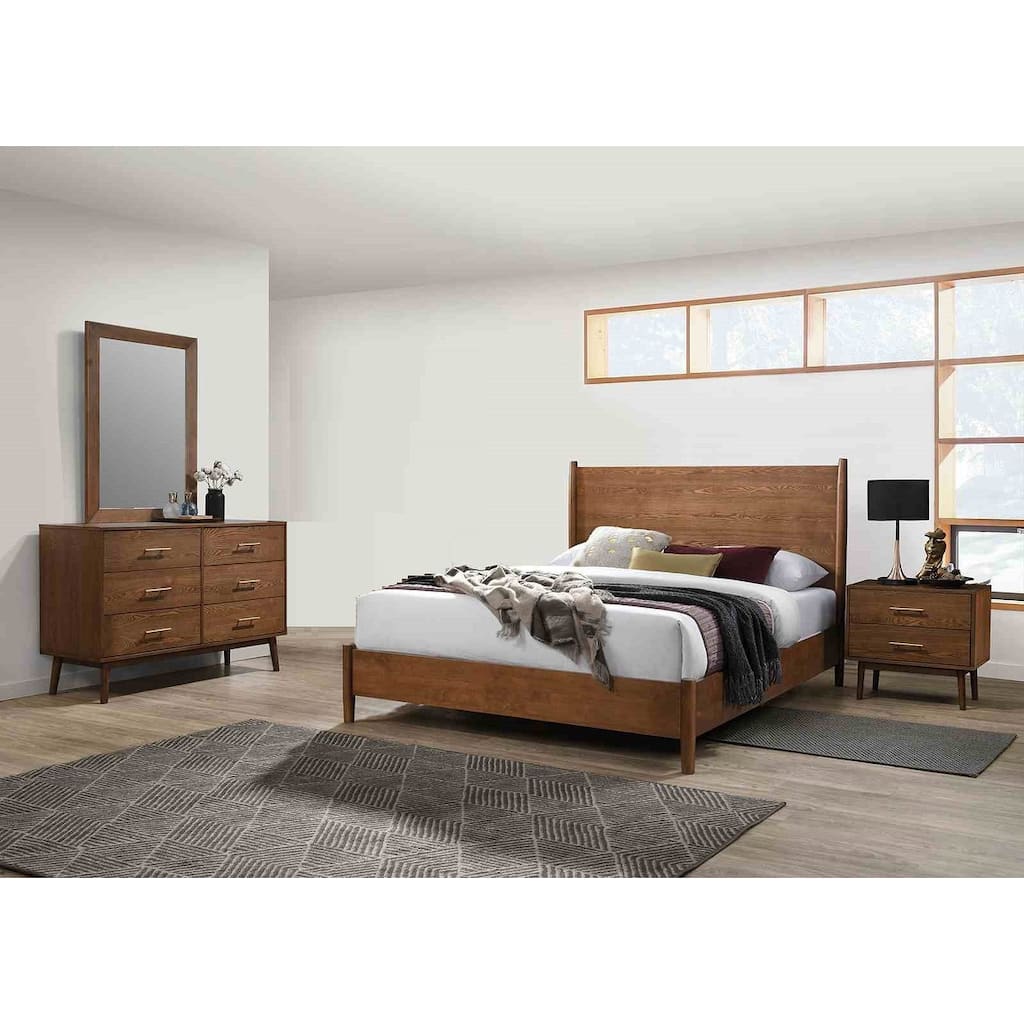 Modern Walnut Finish Solid Wood Platform Bed Nightstand Dresser Mirror Bedroom Set
