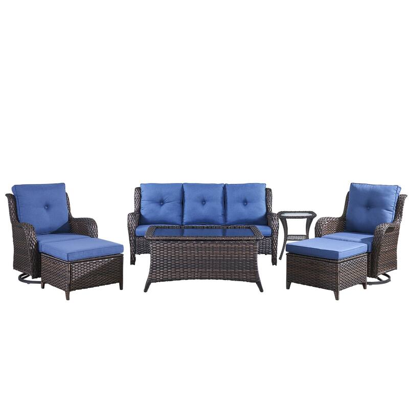 Pocassy Outdoor 7PCS 3-Seat Sofa Swivel Chairs Table Ottoman