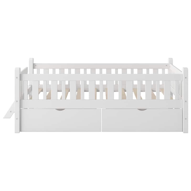 Low Twin Platform with 2 Drawers & Guardrails for Kids Room