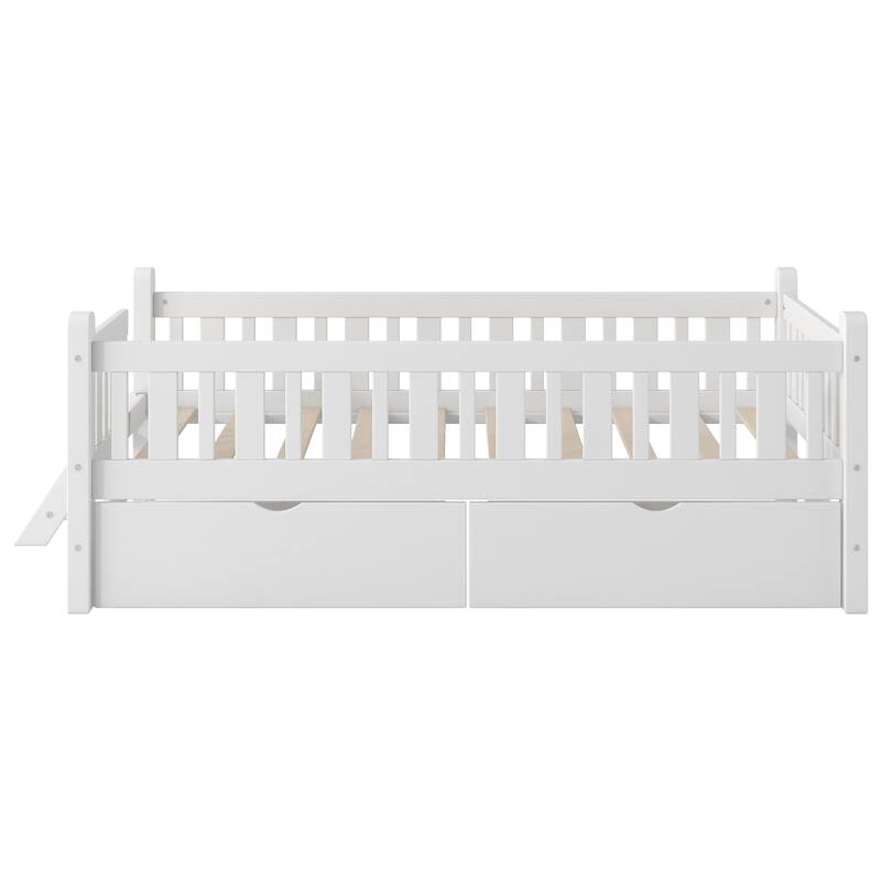 Wood Low Loft Bed Storage Platform Bed with Guardrail and 2 Drawers