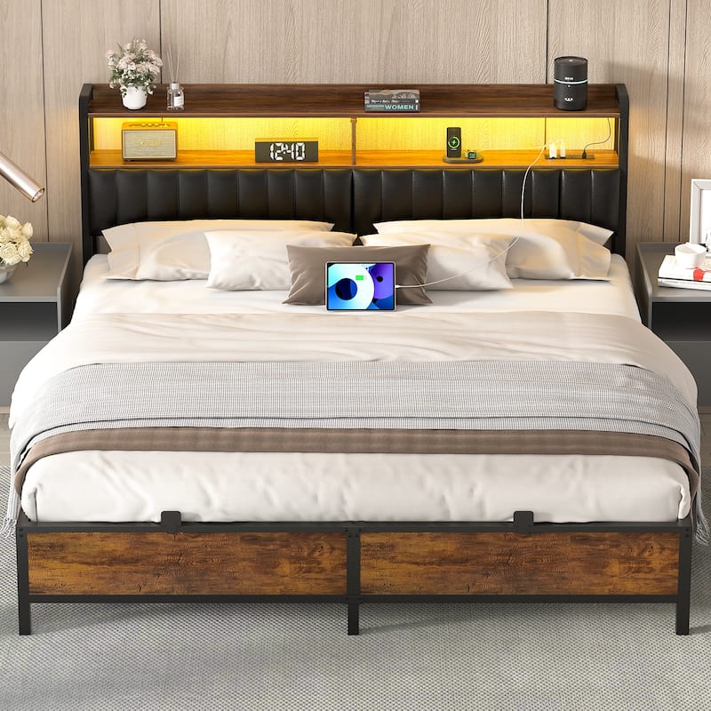 Platform Bed Frame with Upholstered Storage Headboard, Full/ Queen/ King Beds with Charge Station and LED Lights - Rustic Brown - King