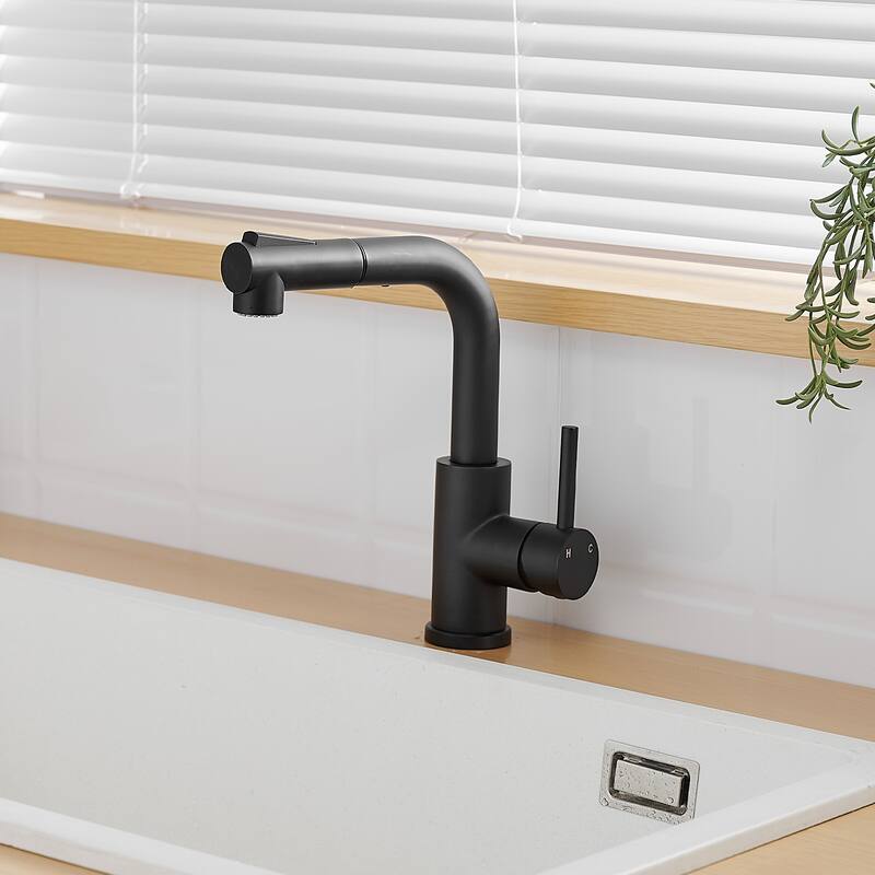Modern 360° Swivel Bathroom Sink Faucet with Pull Out Sprayer, Suitable for Bar Sinks and Small Single Basin Sinks - Black
