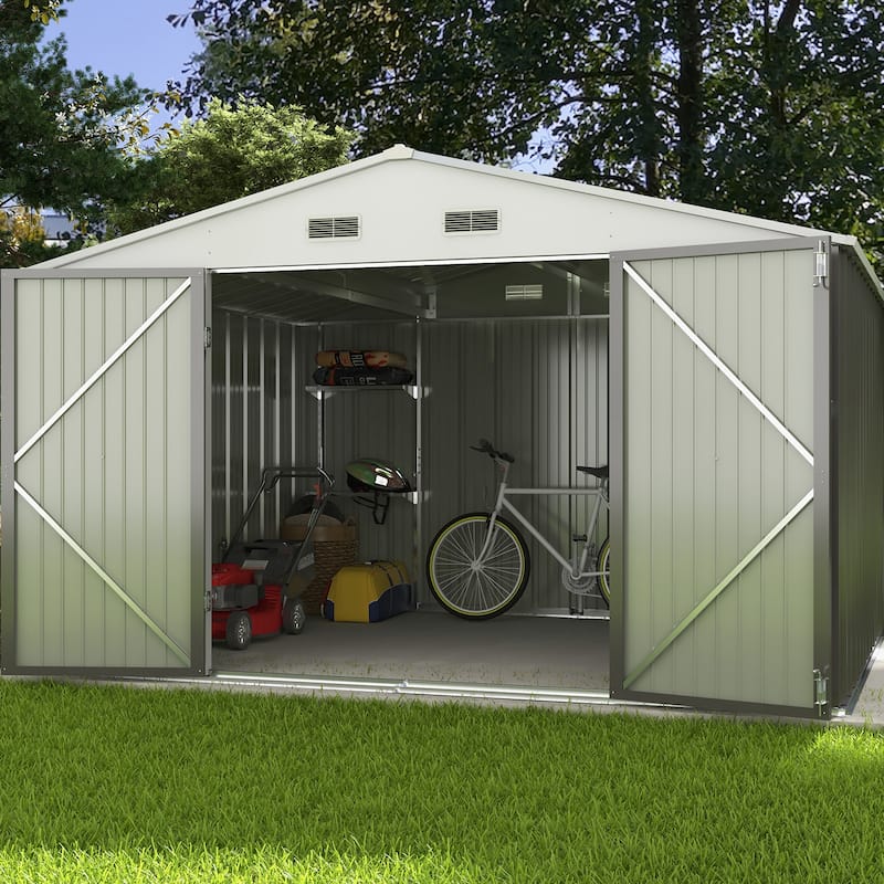 Patiowell 10' x 8'/10' x 10'Metal Outdoor Storage Shed with Goods Shelves/Floor Frame Garden Tool Shed for Backyard Garden