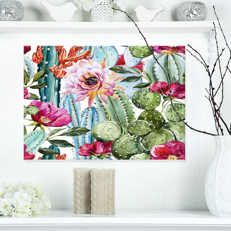 Cactus Pattern Watercolor' Floral Digital Art Canvas Print - Green