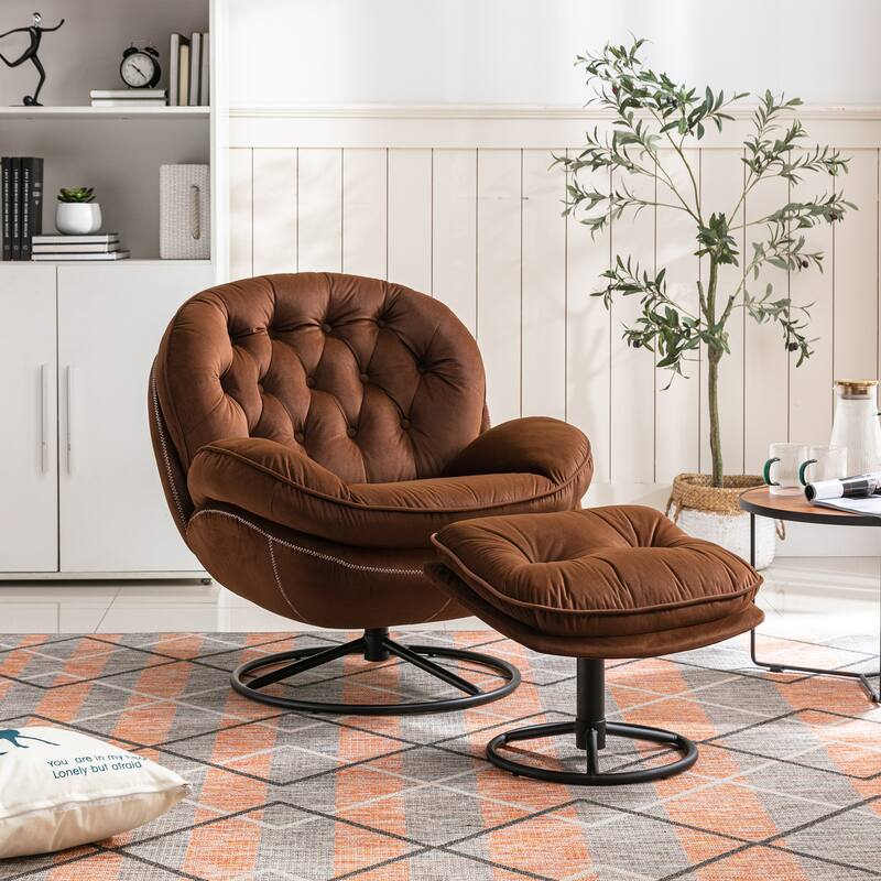 Velvet Swivel Accent Chair with Ottoman & Metal Legs (360° Rotation)