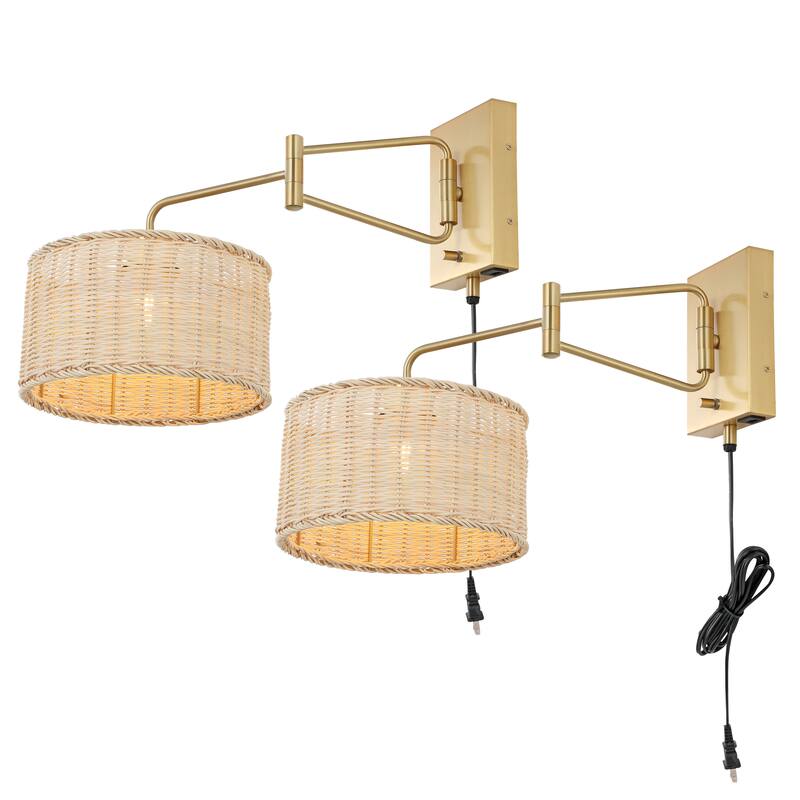 SAFAVIEH Lighting Liebgard Wall Sconce (Set of 2) - 10" W x 21" D x 12" H - 10Wx21Dx12H - Brass/Natural Rattan