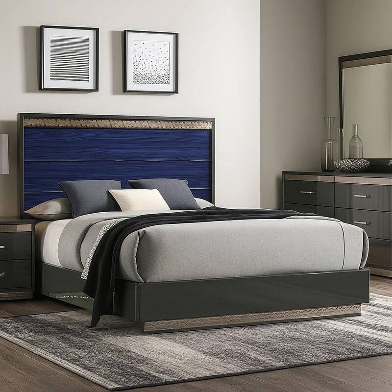 Cote King Bed, Slat Panel Headboard, Ash Gray and Indigo Blue Wood