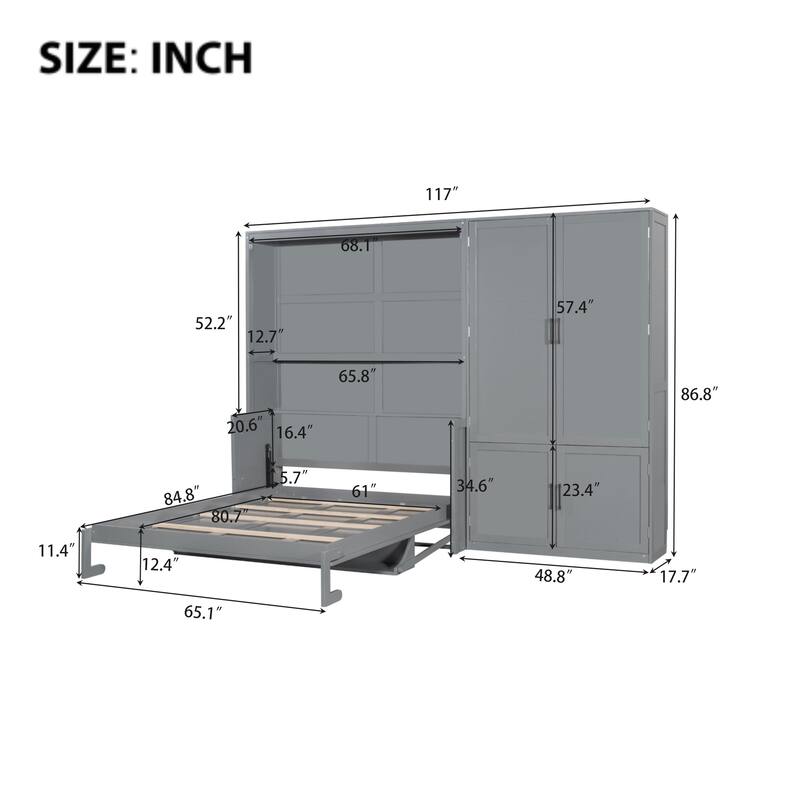 Queen Size Wall Bed with Closet and Hydraulic Lift System, Space-Saving Design, Gray