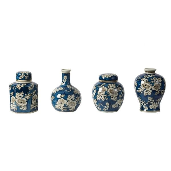 slide 2 of 5, Set of 4 Lidded Jars and Vases, Classic Curved Round Blue and White Ceramic - 5.3L x 5.3L x 5.7H Blue