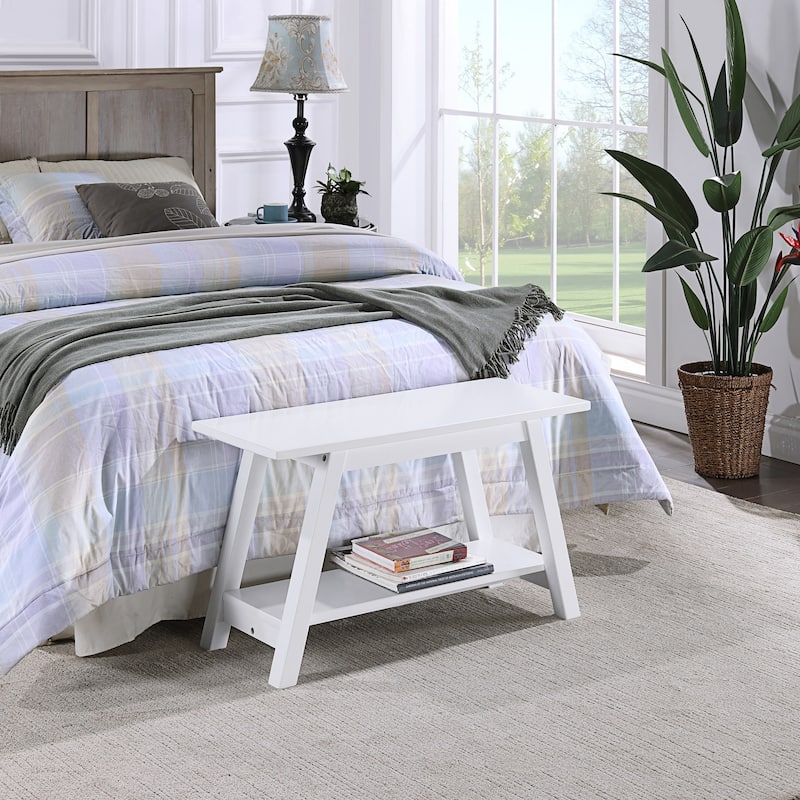 Solid Wood Bench with Shelf, White