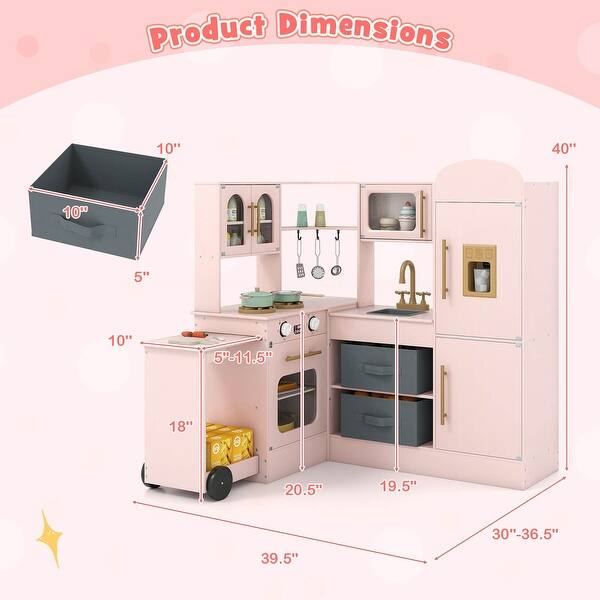 dimension image slide 0 of 3, Costway Corner Kitchen with Lights and Sounds Interactive Wooden - See Details