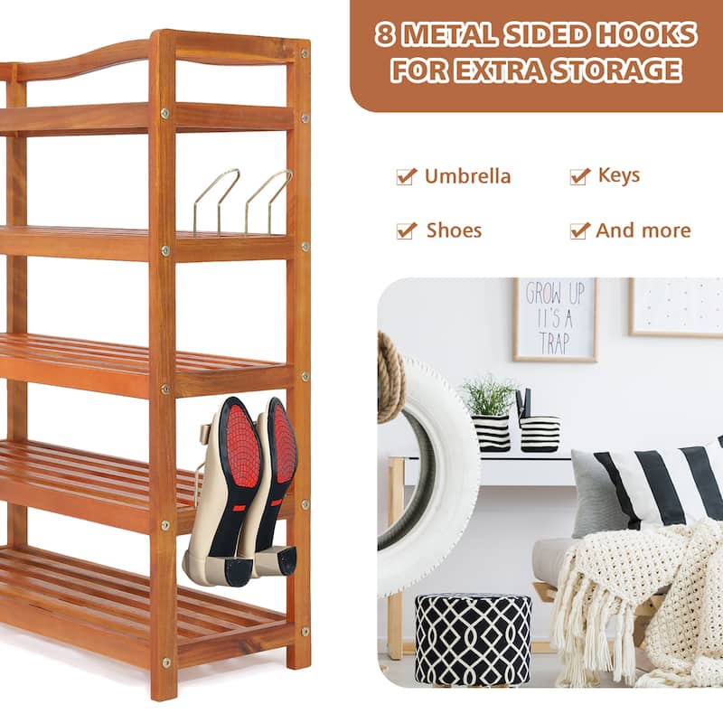 Costway 5-Tier Wood Shoe Rack Solid Acacia Wood Shoe Shelf with Side