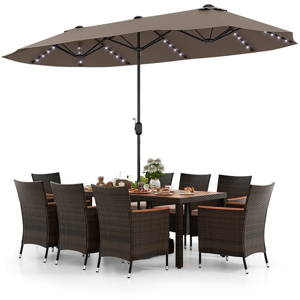 slide 2 of 6, 11 PCS Patio Dining Set Outdoor Rattan Furniture Set w/ 15ft Umbrella Coffee