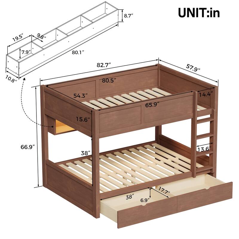 Roomfitters Full XL Over Full XL Bunk Bed with Storage Cabinets, LED Light and Drawers
