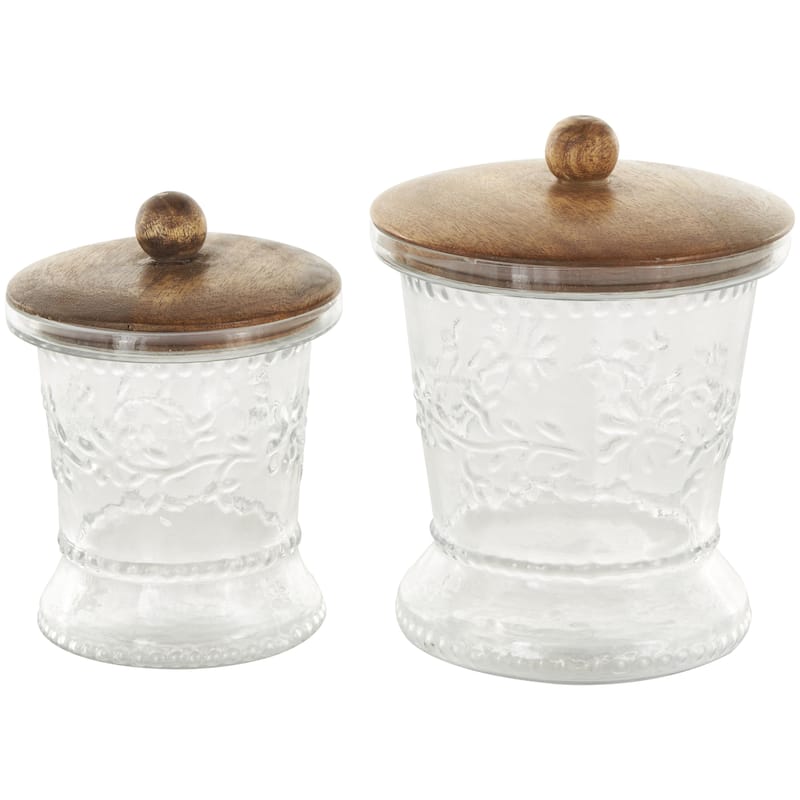 Glass Floral Beaded Living Room Decorative Jars with Brown Wooden Lids and Round Knobs - Set of 2 Clear - Roche River Decor