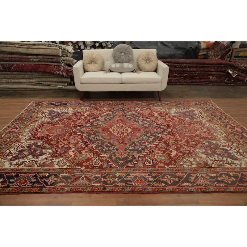 Hand Knotted Oriental 100% Wool Carpet Traditional Medallion Oranges & Rust Heriz Area Rug - 10' 7'' X 7' 9''