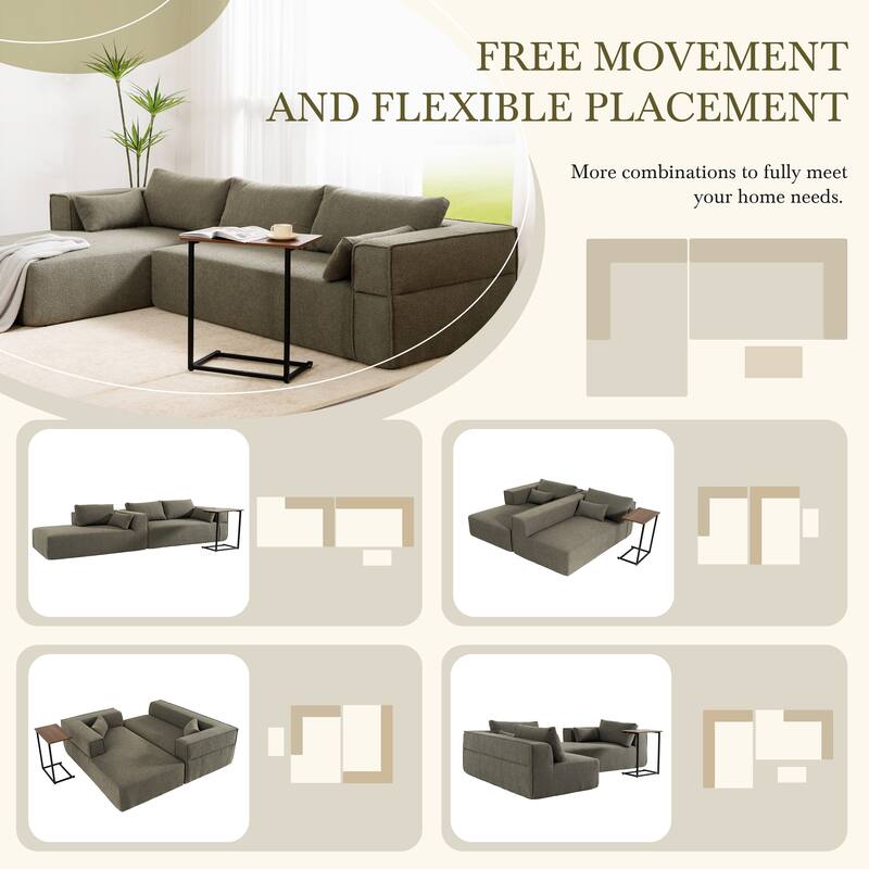 Modular Sectional Sofa with Side Table, Upholstered Cloud Sofa with L-Shaped Chaise Lounge, Full-Compressed Deep Seat Sofa
