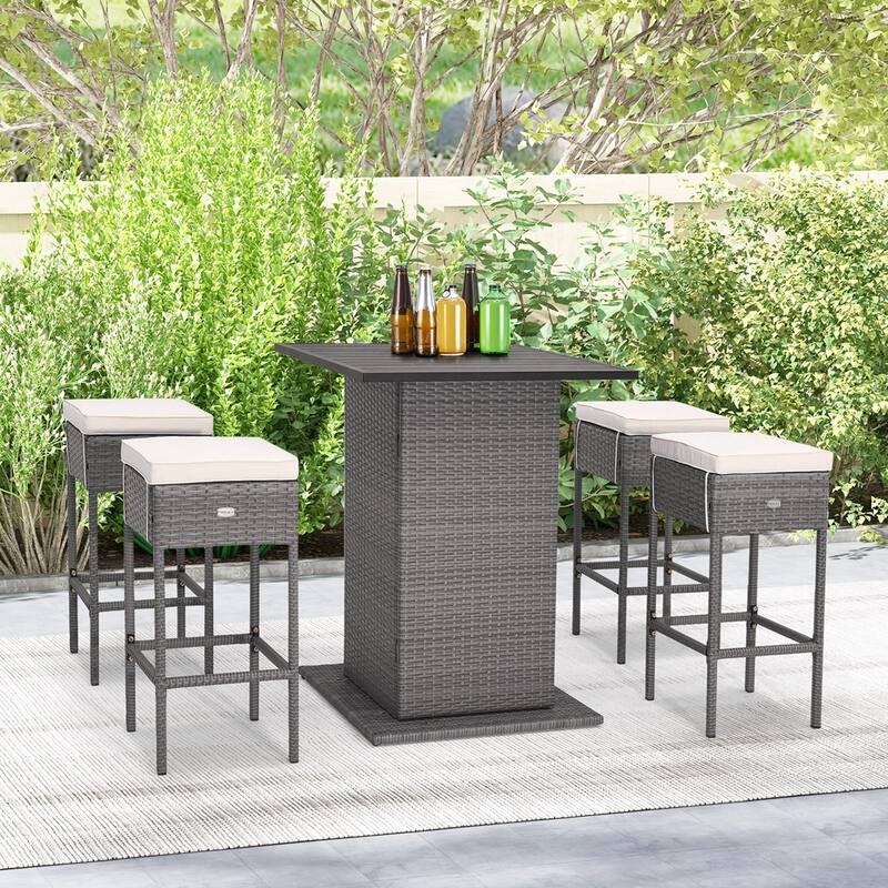 5 PCS Outdoor Wicker Bar Table Set w/ Storage Shelves Bar Table Stools