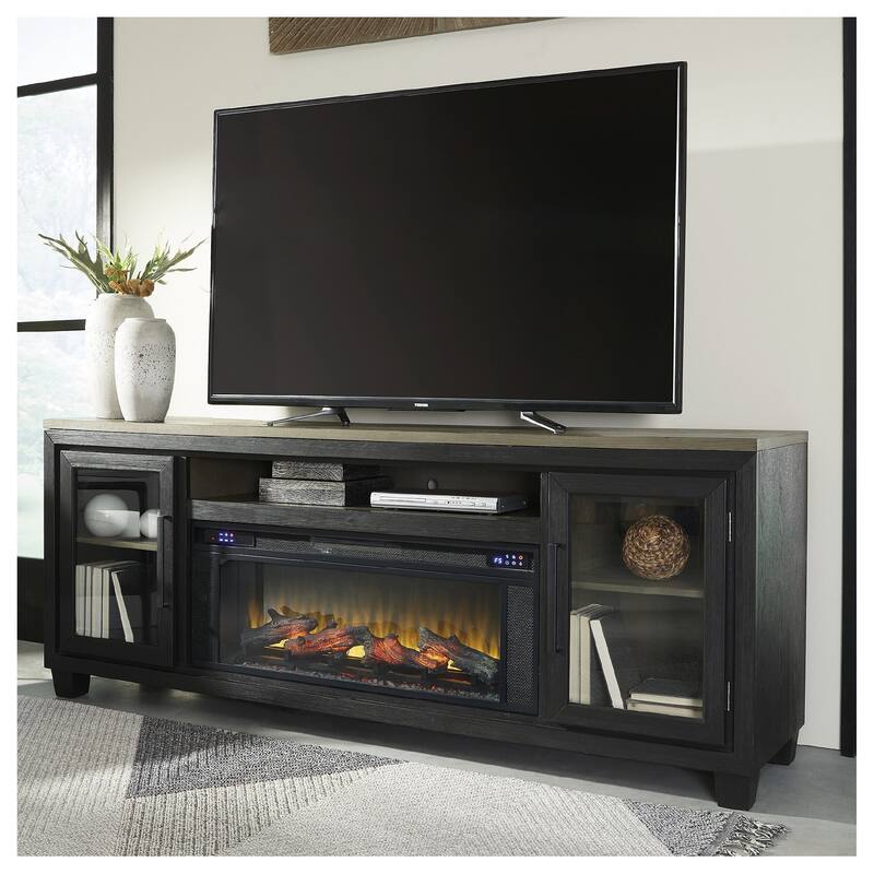Signature Design by Ashley Foyland Black/Brown 83" TV Stand for TVs up to 95" with Electric Fireplace - 83"W x 20"D x 33"H - 83"W x 20"D x 33"H - Black/Brown