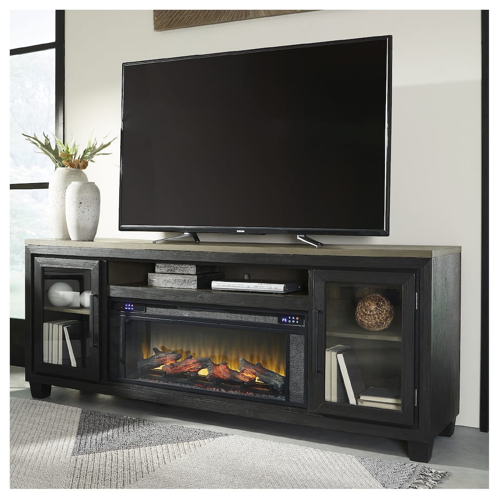 Signature Design by Ashley Foyland Black/Brown 83" TV Stand for TVs up to 95" with Electric Fireplace - 83"W x 20"D x 33"H