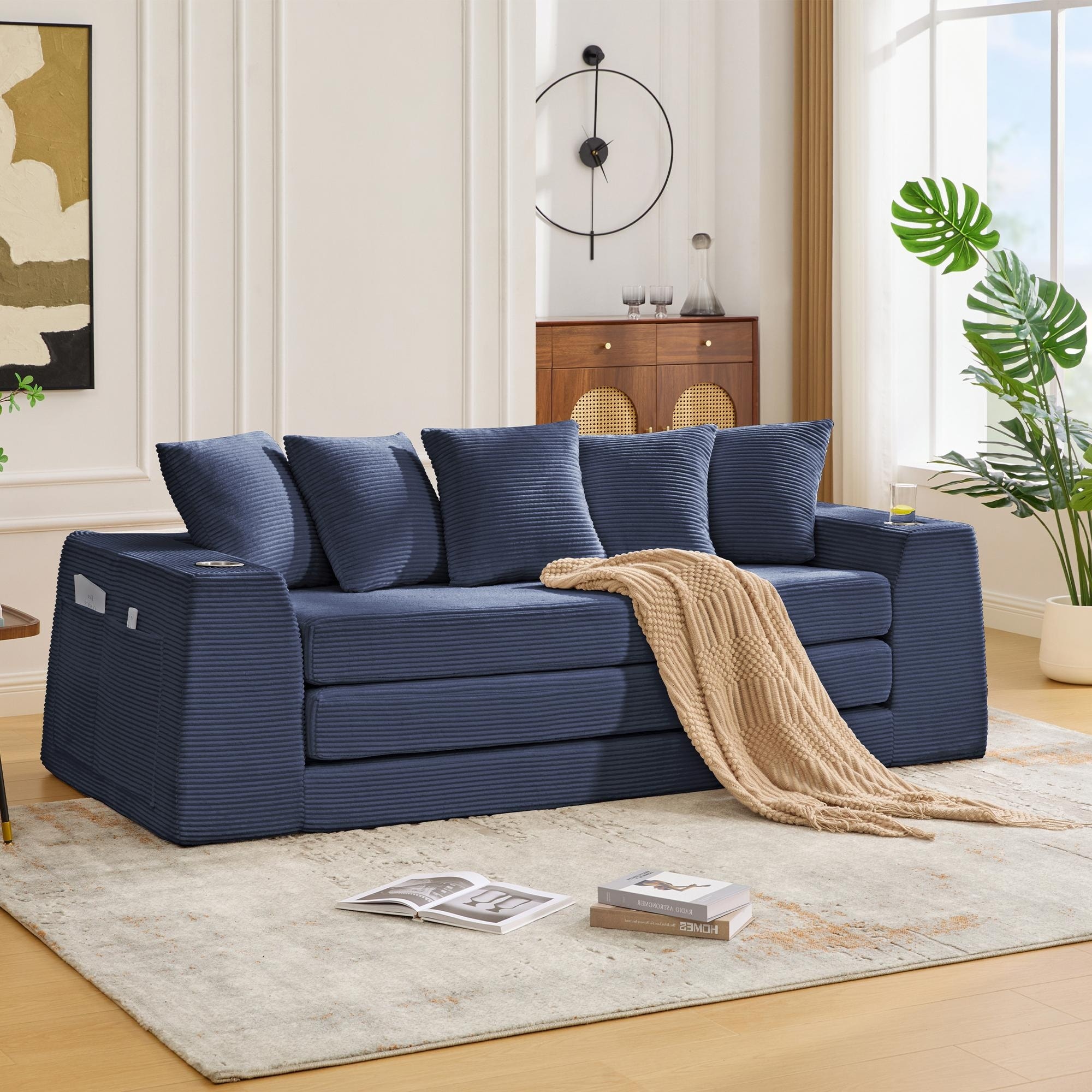 Corduroy Loveseat Sofa, 2 in 1 Convertible Sofa Bed with 5 Pillows, Side Pocket & Cup Holders, Pull Out Upholstered Sofa Bed