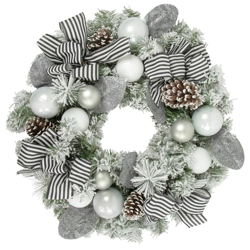 Frosted Pine Artificial Christmas Wreath with Striped Bows 24-Inch Unlit - 24"
