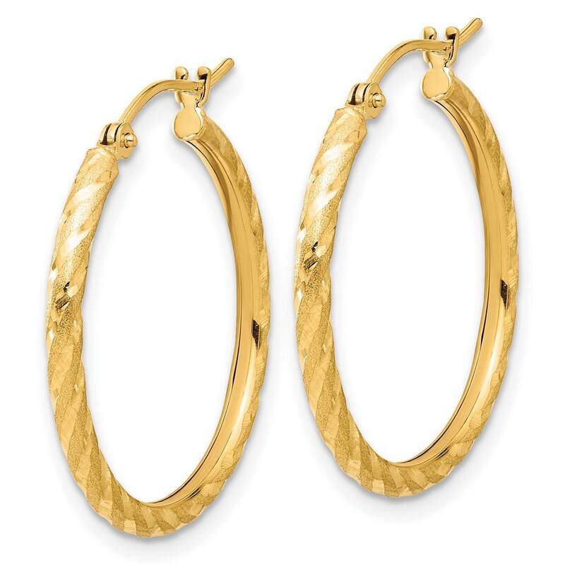 Curata 14k Yellow Gold Polished and Satin and Sparkle Cut Hoop Earrings - 26.5x24.9mm