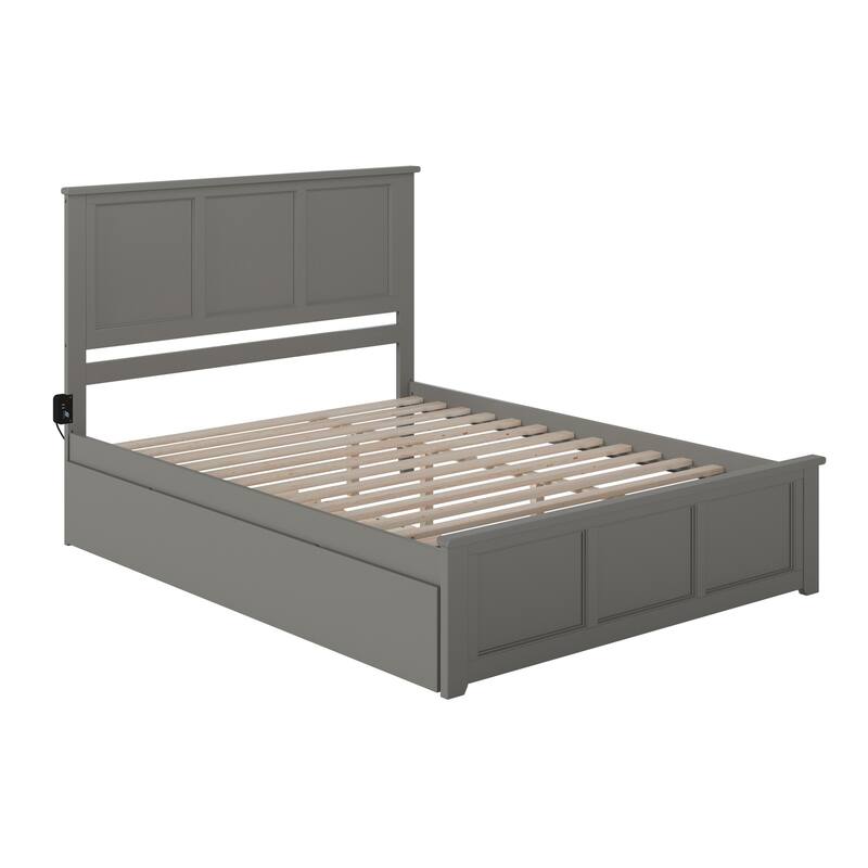 Solid Wood Platform Bed King Size with Footboard & Trundle - Grey Finish