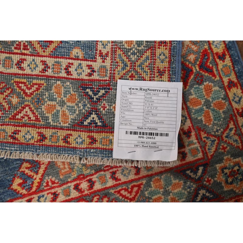 Blue Geometric Kazak Oriental Accent Rug Hand-Knotted Wool Carpet - 2'0" x 3'0"