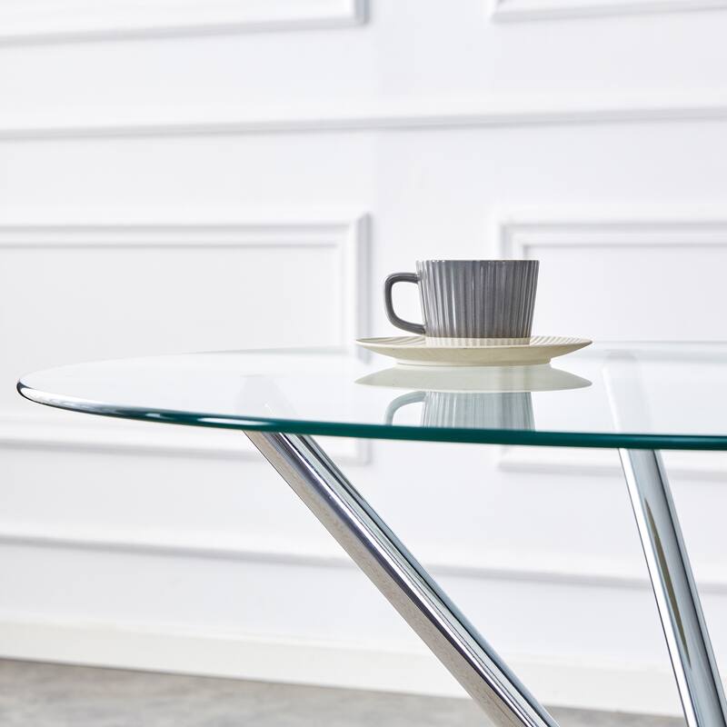 Roomfitters Clear Glass Dining Table for 4-6 with Ring-Shaped Silver Metal Legs for Kitchen or Work Space