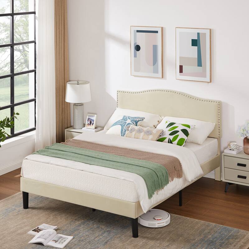 VECELO, Upholstered Platform Bed Frame with Nailhead Headboard- Twin/Full/Queen Size Bed-Beige - Beige - Full