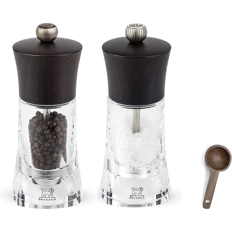 Peugeot - Oleron Manual Mill Salt & Pepper Mill- Transparent Adjustable Grinder - Acrylic and Beechwood, Chocolate, 5.5 - 3 Piece