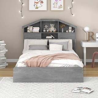 Full Size Wood Platform Bed with House Headboard and 2 Drawers, Grey