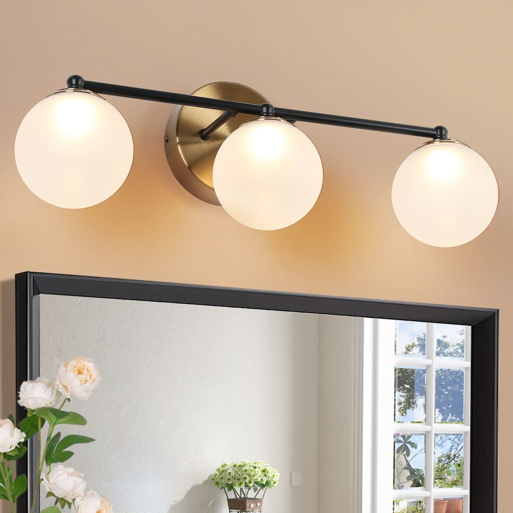 Modern 3-Light LED Bathroom Vanity Light in Black Brass with Frosted Glass Globe Shades