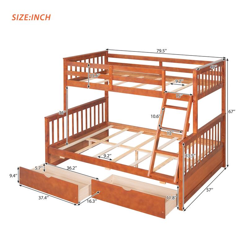 Twin-Over-Full Bunk Bed with 2 Storage Drawers and Ladder, Convertible 2 in 1 Wood Bedframe for Bedroom, Dorm, for Teens, Adults