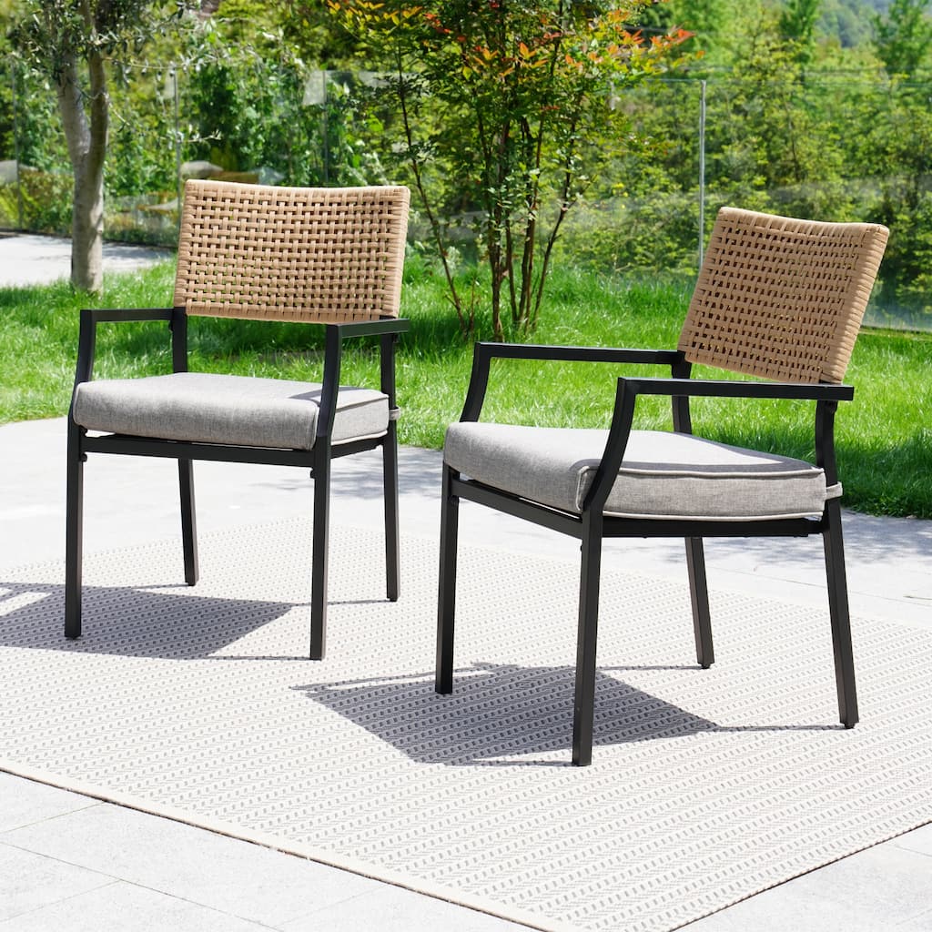 Outdoor Dining Chair , Stackable Wicker Chairs Set with Cushions and Armrest
