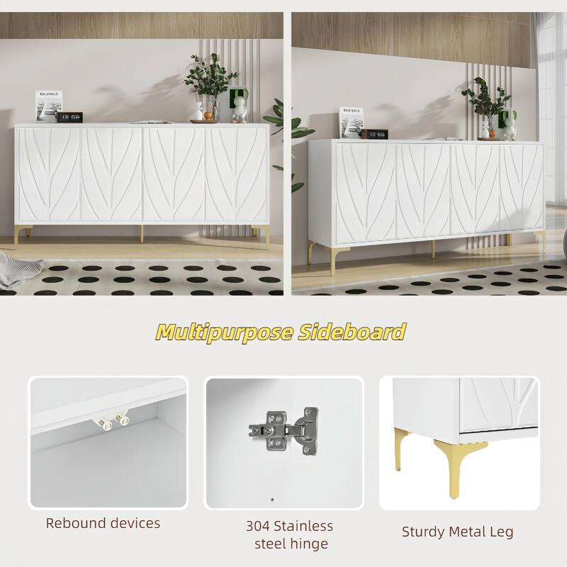 60" Carved Credenza Storage Cabinet, Handleless Press-to-Open Sideboard with 4 Doors