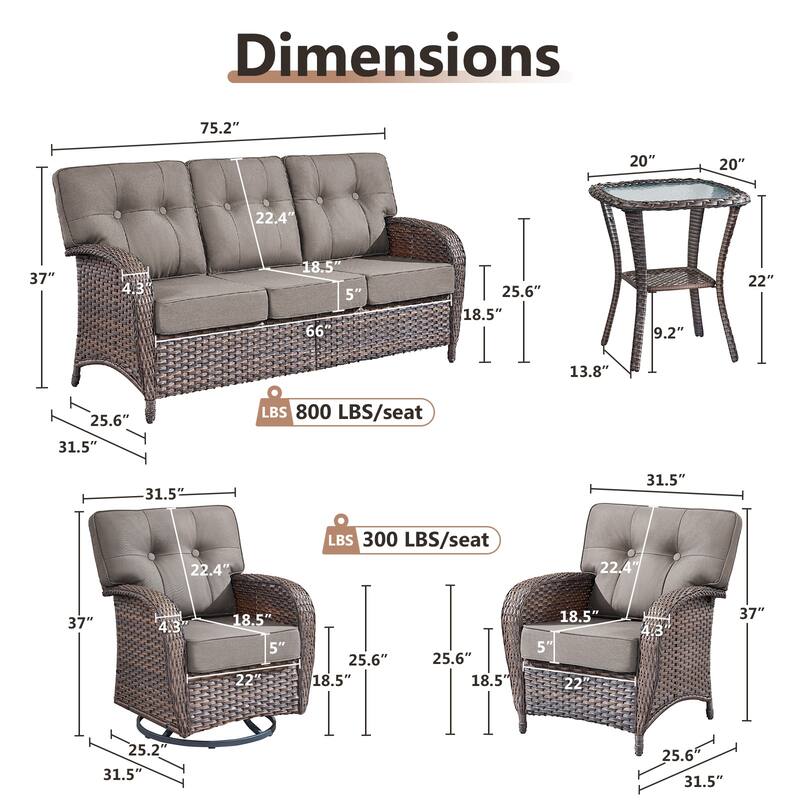 TWrap 6-Piece Patio Brown Wicker Sofa Conversation Set with 5-Inch Thick Cushions