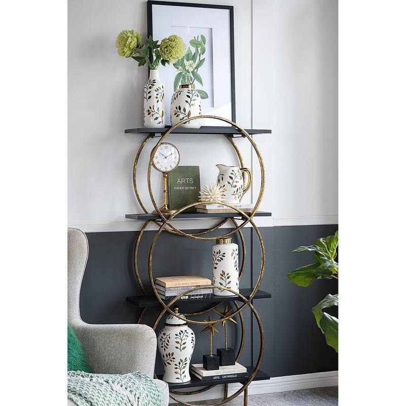 9" White Green And Gold Leaf Round Ceramic Table Vase - 6.70